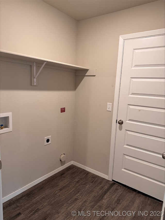 clothes washing area with hookup for an electric dryer, washer hookup, and dark hardwood / wood-style floors