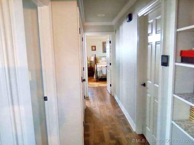 corridor with ornamental molding and hardwood / wood-style floors