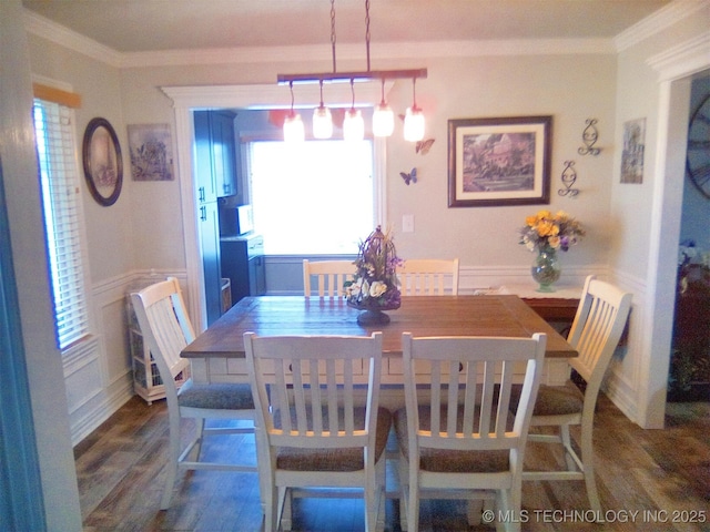 dining area featuring crown molding and dark hardwood / wood-style flooring