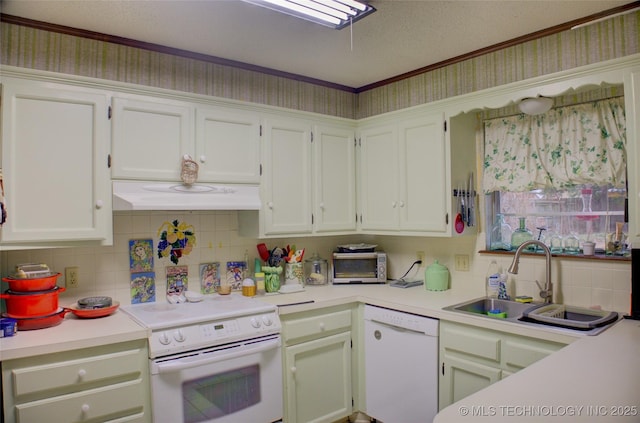 kitchen featuring sink, white cabinetry, a textured ceiling, white appliances, and decorative backsplash