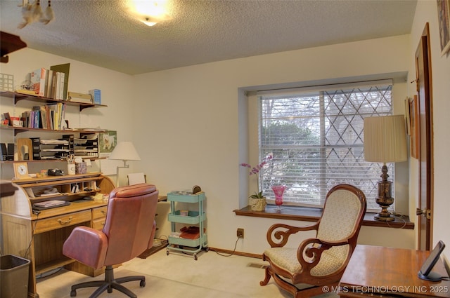 carpeted office space featuring a textured ceiling