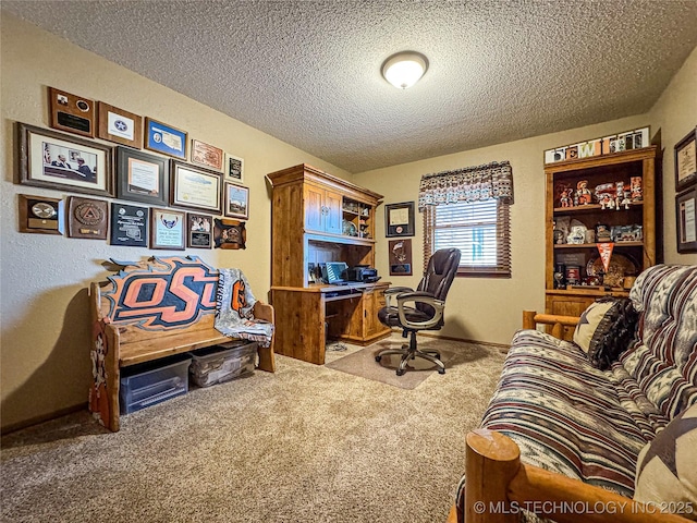 office with carpet flooring and a textured ceiling