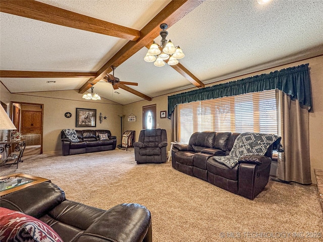 carpeted living room with ceiling fan with notable chandelier, lofted ceiling with beams, and a textured ceiling