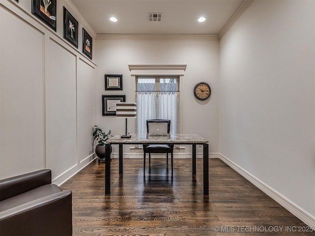 office area featuring crown molding and dark hardwood / wood-style floors
