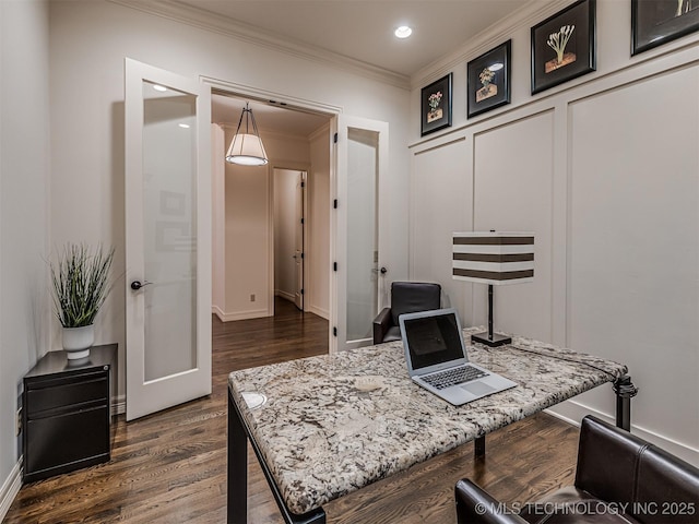 office area featuring dark wood-type flooring, crown molding, and french doors