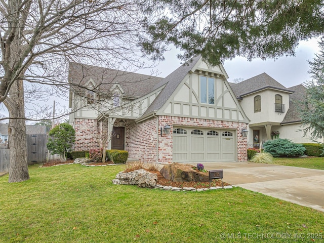 tudor house with a garage and a front yard