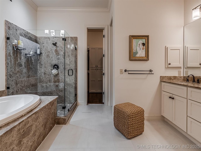 bathroom featuring shower with separate bathtub, vanity, ornamental molding, and tile patterned flooring