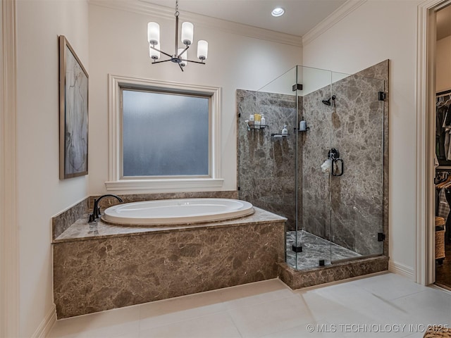 bathroom featuring shower with separate bathtub, an inviting chandelier, tile patterned flooring, and ornamental molding