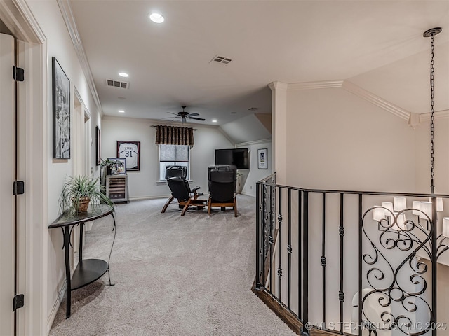 office area featuring ceiling fan, ornamental molding, carpet flooring, and lofted ceiling