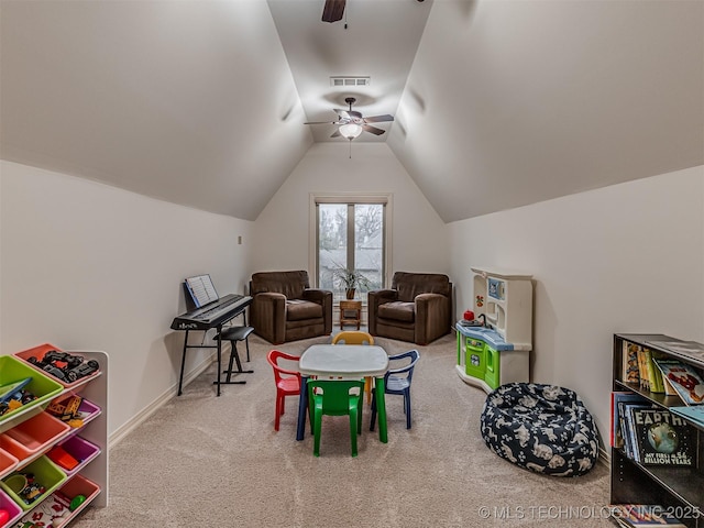 rec room with carpet floors, lofted ceiling, and ceiling fan