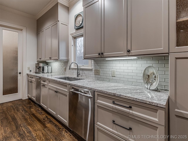 kitchen with sink, ornamental molding, light stone counters, dishwasher, and decorative backsplash