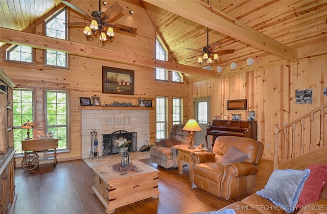 living room featuring dark wood-type flooring, plenty of natural light, a fireplace, and wood walls