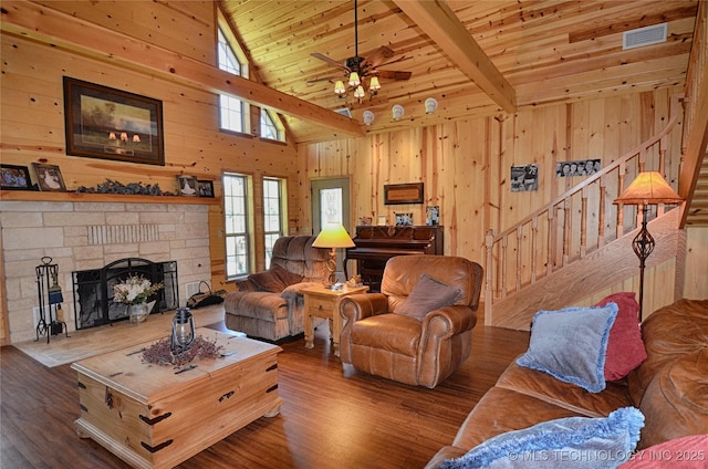 living room featuring wood-type flooring, wood ceiling, a fireplace, and wood walls