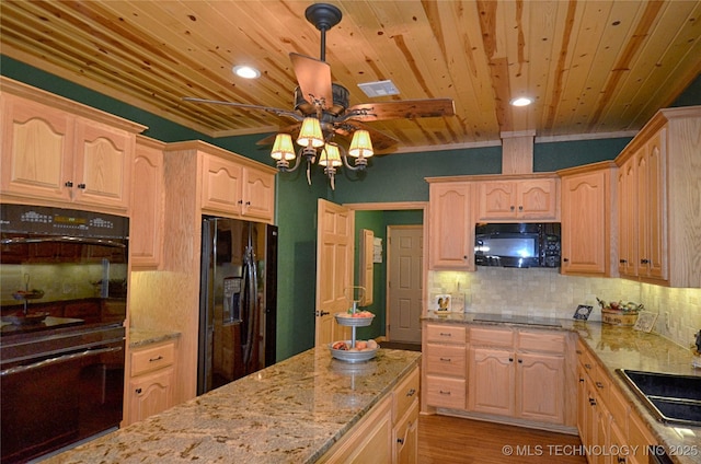 kitchen with hanging light fixtures, light brown cabinets, wood ceiling, and black appliances