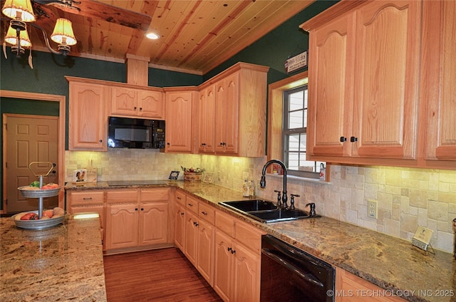 kitchen with sink, black appliances, light stone countertops, wooden ceiling, and light brown cabinets