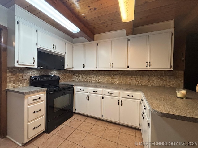 kitchen featuring electric range, beamed ceiling, white cabinets, and tasteful backsplash