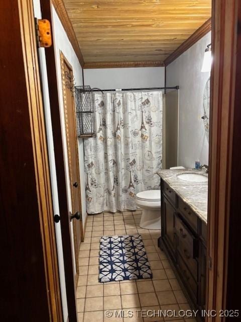 bathroom featuring vanity, wooden ceiling, ornamental molding, and tile patterned flooring