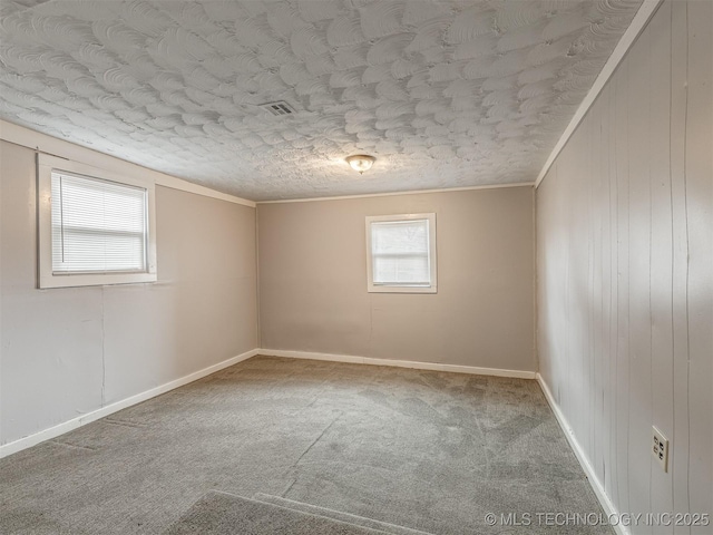 carpeted empty room with crown molding and a textured ceiling