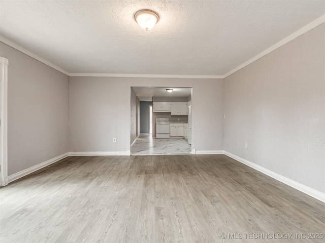 unfurnished living room with crown molding, wood-type flooring, and a textured ceiling