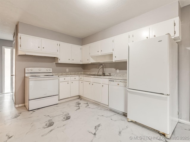 kitchen with white cabinetry, white appliances, sink, and a textured ceiling