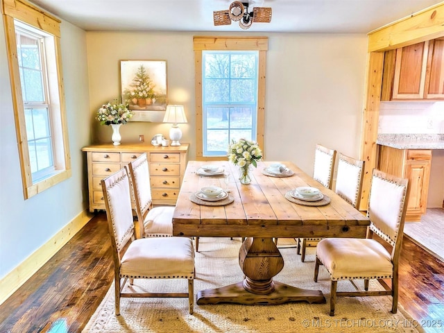 dining room with dark hardwood / wood-style floors and ceiling fan