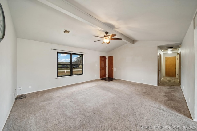 carpeted spare room featuring ceiling fan and vaulted ceiling with beams