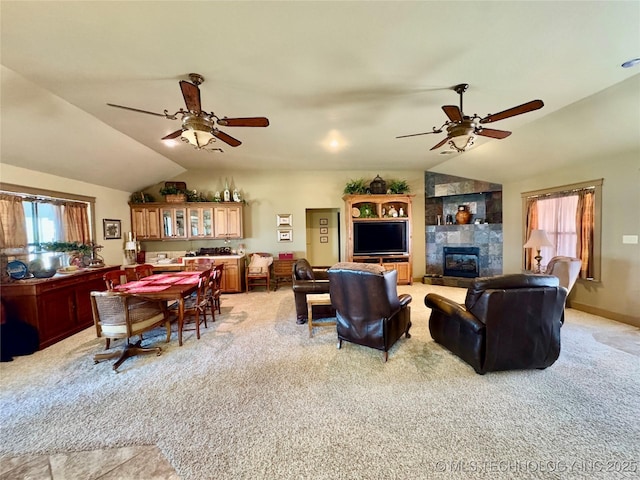 3 Huntly, Burneyville, OK 73430 - living area featuring a ceiling fan, vaulted ceiling, and light carpet