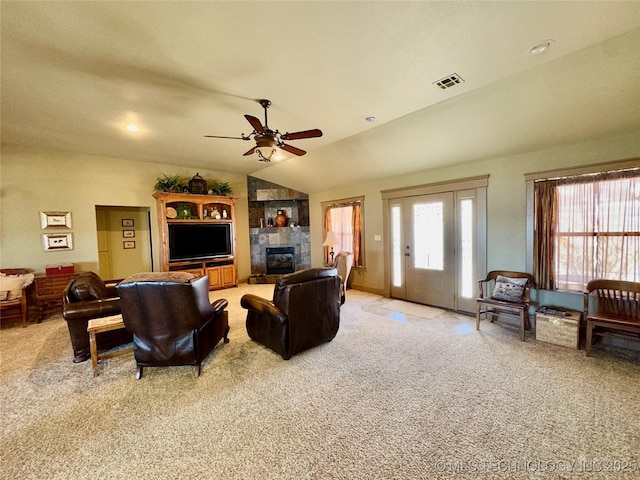 3 Huntly, Burneyville, OK 73430 - living area featuring a fireplace, light colored carpet, a ceiling fan, visible vents, and lofted ceiling