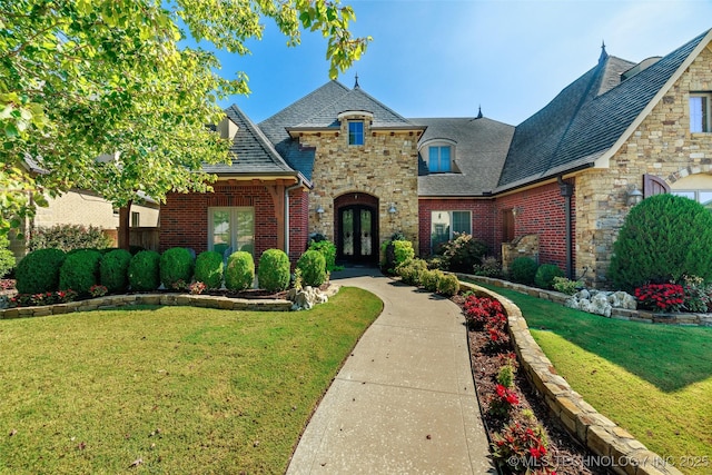 french country home with a front yard and french doors