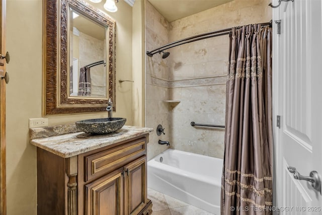 bathroom with shower / bathtub combination with curtain, vanity, and tile patterned floors