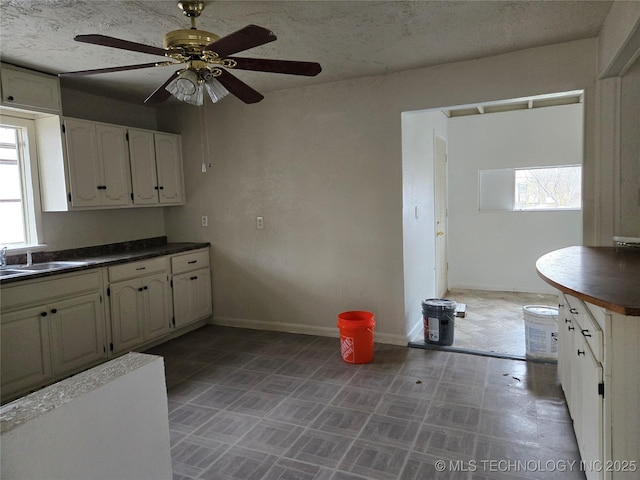 kitchen featuring white cabinetry, sink, and ceiling fan