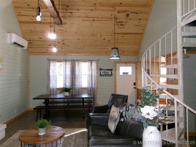 living room with high vaulted ceiling, wood ceiling, a wall unit AC, and wood walls