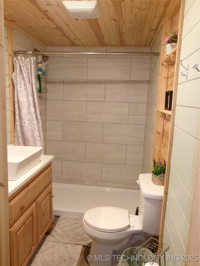 bathroom with a shower with curtain, vanity, wooden ceiling, and toilet