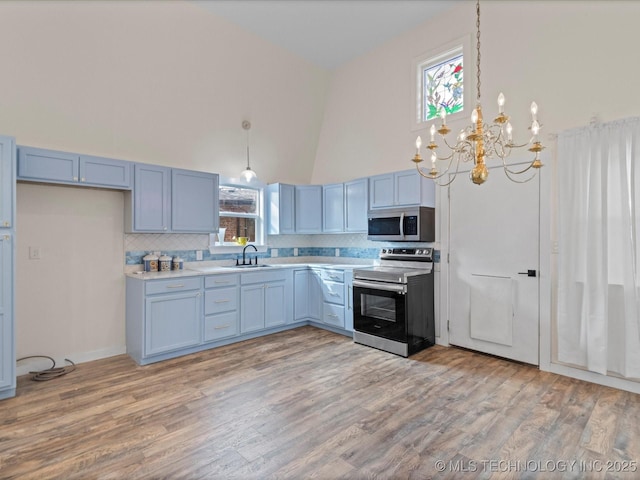 kitchen with appliances with stainless steel finishes, pendant lighting, high vaulted ceiling, sink, and light hardwood / wood-style floors