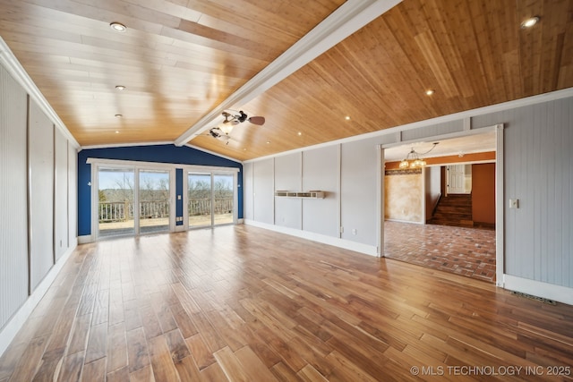 unfurnished living room featuring wood-type flooring, wooden ceiling, and crown molding