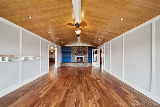 unfurnished living room featuring vaulted ceiling, hardwood / wood-style floors, and wood ceiling