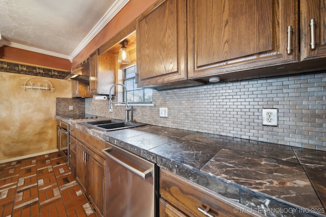 kitchen featuring sink, decorative backsplash, ornamental molding, and dishwasher