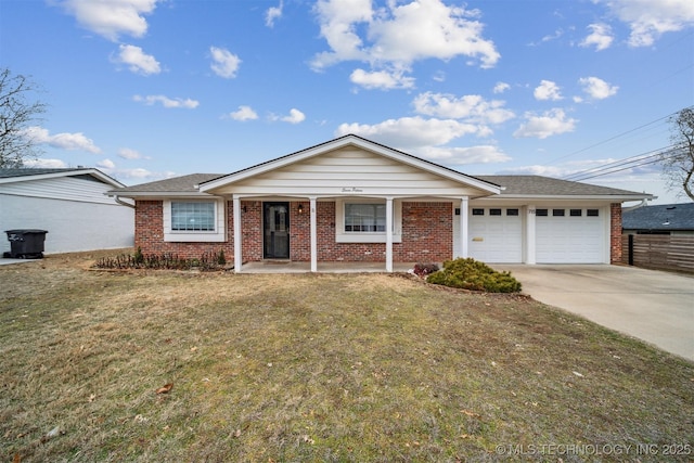 ranch-style home with a porch, a garage, and a front yard