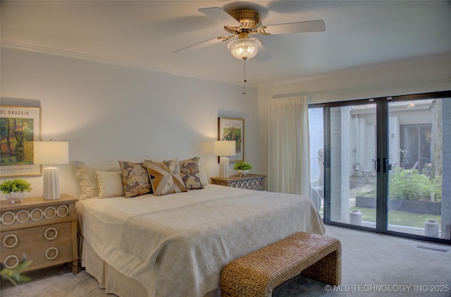 2411 E 72nd Pl Unit 2-A-3, Tulsa, OK 74136 - bedroom featuring access to outside, carpet floors, ornamental molding, and ceiling fan