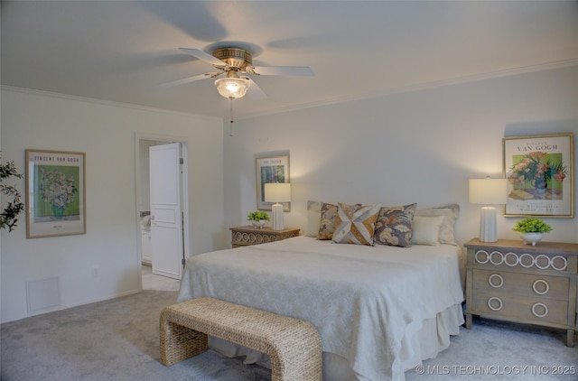 2411 E 72nd Pl Unit 2-A-3, Tulsa, OK 74136 - carpeted bedroom featuring crown molding, a ceiling fan, and ensuite bath
