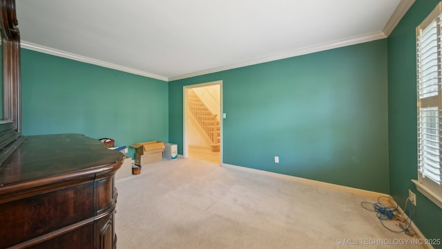 interior space featuring crown molding and carpet