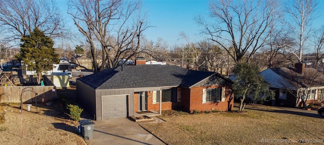 single story home featuring a garage, concrete driveway, a chimney, fence, and brick siding