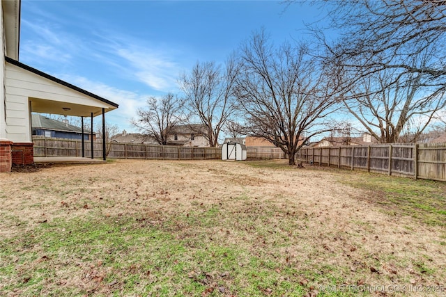 view of yard featuring a storage unit