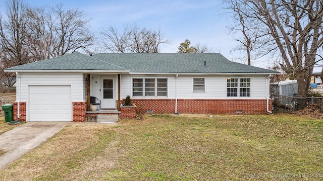 ranch-style house with a garage and a front yard