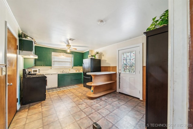 kitchen with ornamental molding, green cabinets, ceiling fan, and black appliances