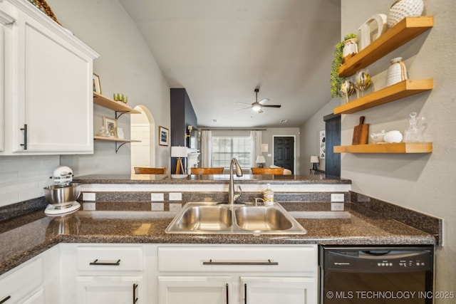 kitchen with black dishwasher, white cabinets, a ceiling fan, open shelves, and a sink