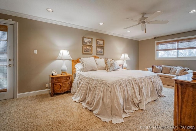 bedroom with baseboards, ornamental molding, and recessed lighting