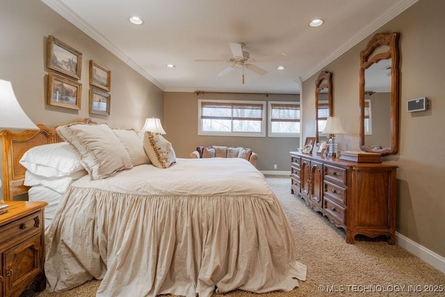 bedroom featuring crown molding, baseboards, recessed lighting, and light colored carpet