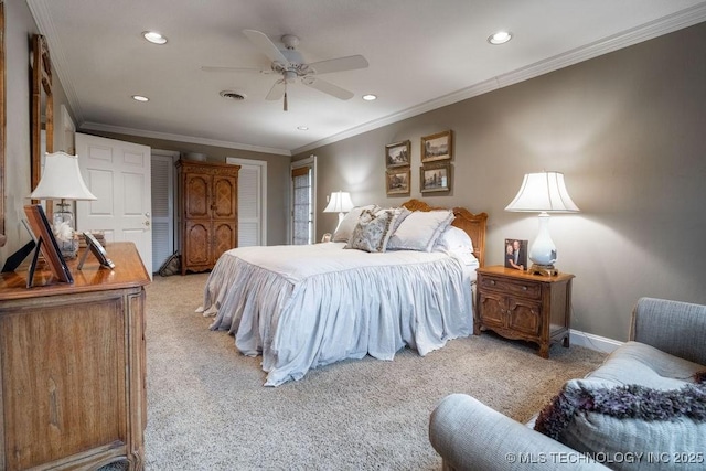 bedroom with visible vents, ornamental molding, a ceiling fan, recessed lighting, and light colored carpet