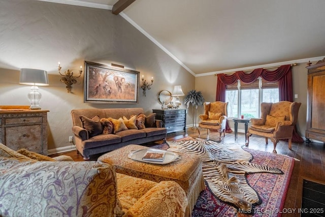 living room featuring hardwood / wood-style floors, baseboards, vaulted ceiling with beams, and ornamental molding